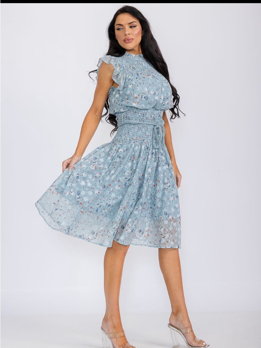 NWT The Clothing Company Floral Midi Dress Small Pearl Blue Smocked Boho Western